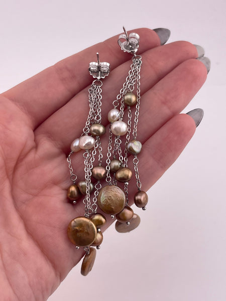 sterling silver 3-1/4" multi-color pearl chandelier post dangle earrings