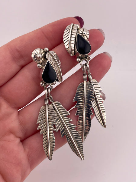 sterling silver 2-5/8" Mexican black resin feather post earrings