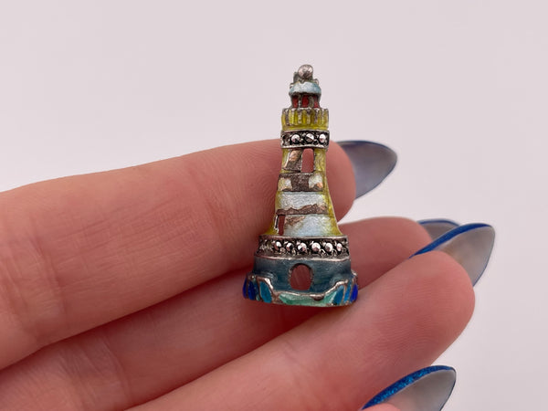 sterling silver enamel & marcasite lighthouse brooch **AS IS**