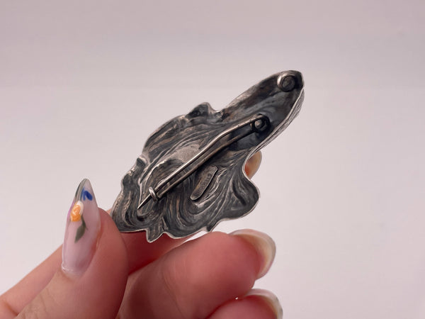 sterling silver pressed 2" Art Nouveau style woman pendant brooch