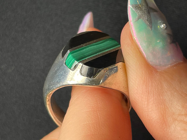 size 6.75 sterling silver chunky malachite & onyx ring