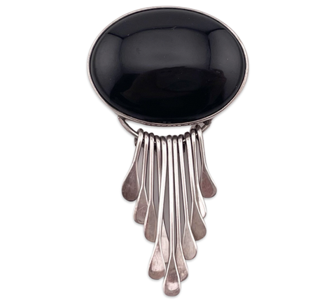 sterling silver large onyx fringe brooch / pendant