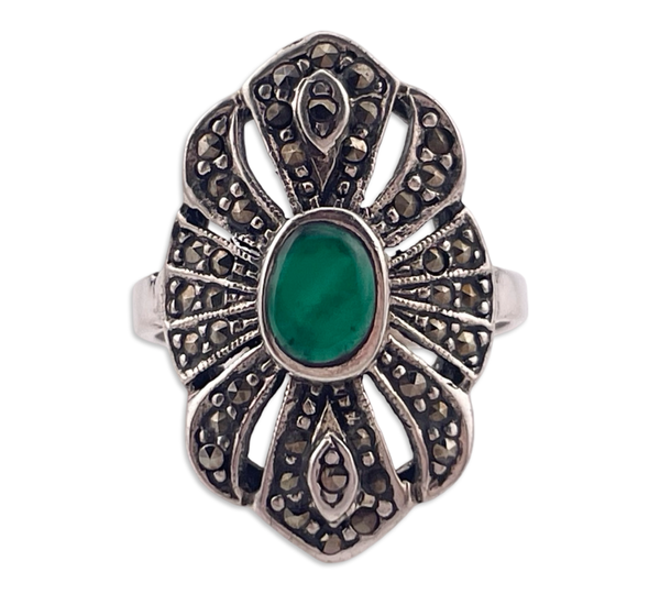 size 7.25 sterling silver green onyx marcasite ring