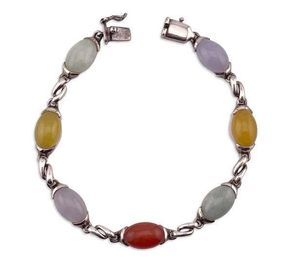sterling silver 7-1/4" multi-color jade link bracelet