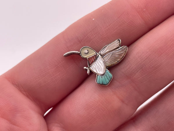 sterling silver SINGLE multi-stone inlay hummingbird post earring