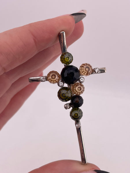 sterling silver rhinestone & colored glass cross pendant