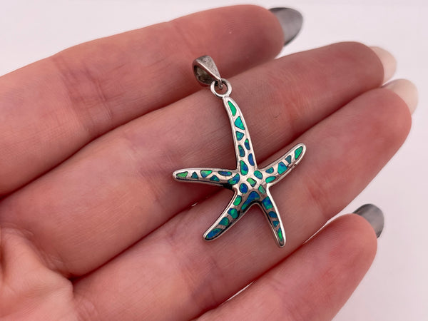 sterling silver synthetic opal starfish pendant