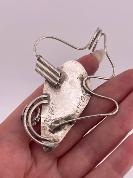sterling silver large artisan agate & faceted quartz freeform pendant