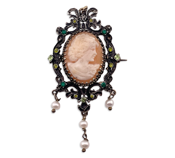 sterling silver 2-1/2" faceted glass faux pearl cameo pendant brooch combo ***AS IS***