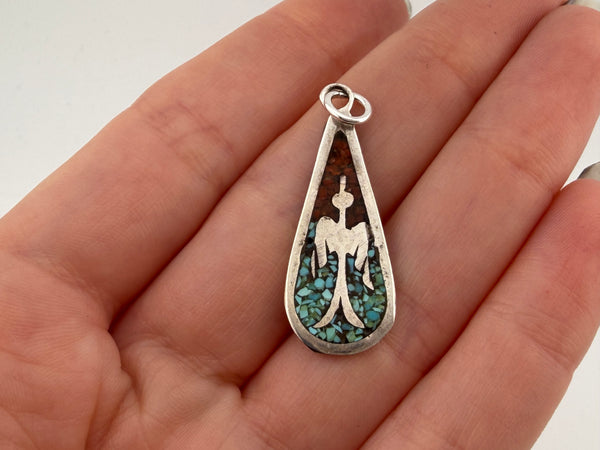 sterling silver crushed turquoise coral peyote bird pendant