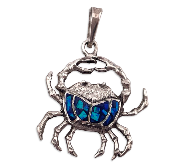 sterling silver mosaic lab opal crab pendant