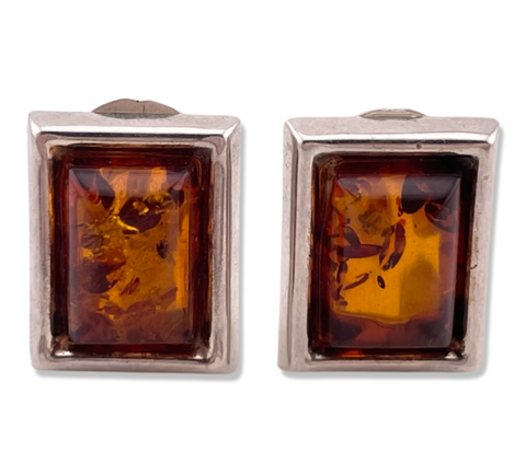sterling silver rectangle amber omega back post earrings