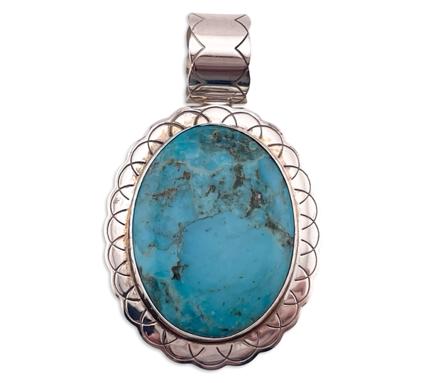 sterling silver 2-1/2" DTR large stabilized turquoise stamped pendant ***Hairline Cracks***