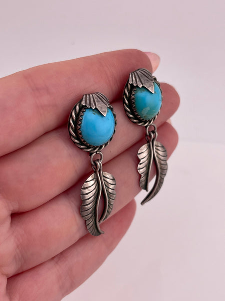 sterling silver turquoise feather post dangle earrings