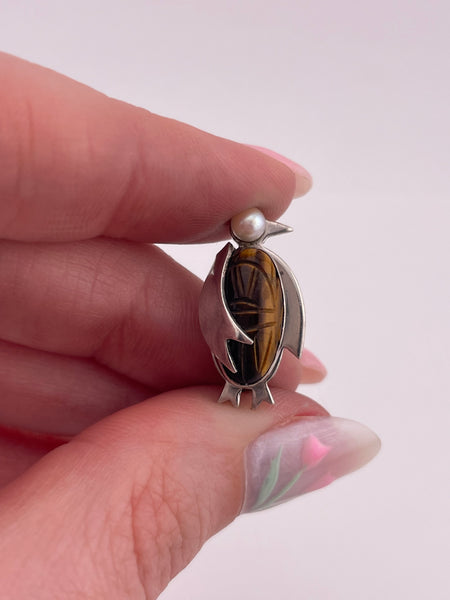 sterling silver penguin carved tigers eye scarab pearl brooch pin