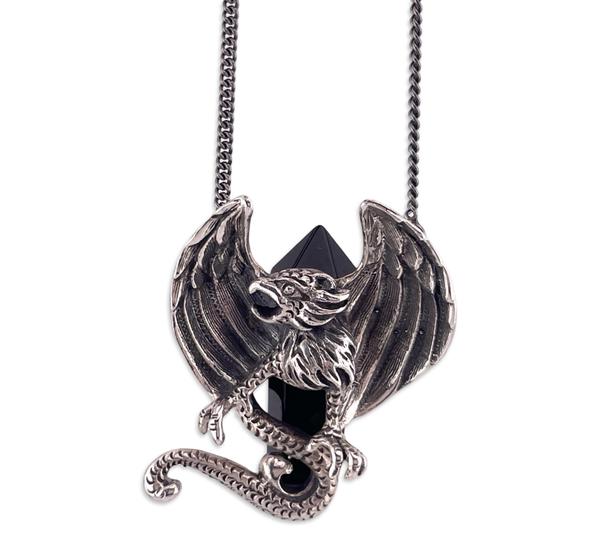 sterling silver 19-3/8" griffin onyx crystal point gun metal finish chain necklace