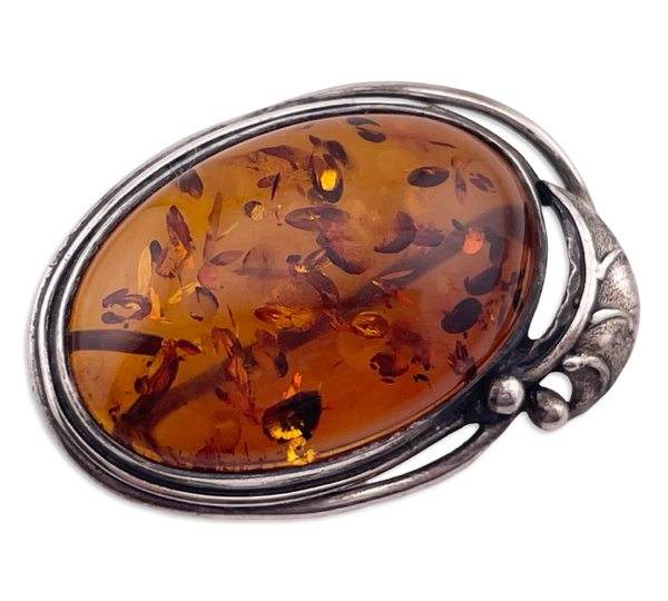 sterling silver oval amber leaf brooch pin