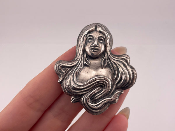 sterling silver pressed 2" Art Nouveau style woman pendant brooch