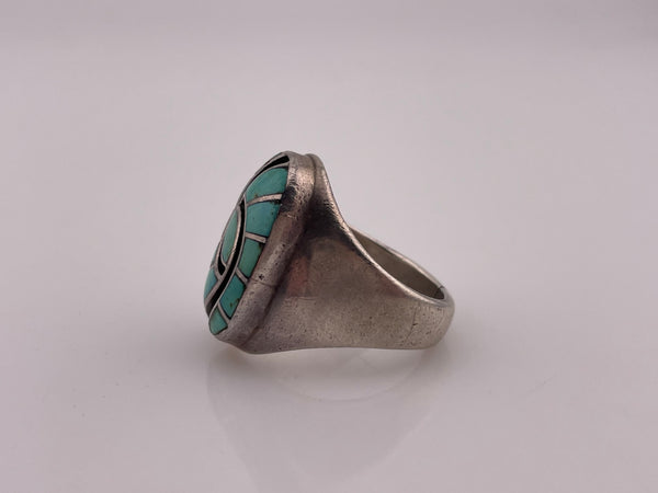 size 9.75 sterling silver Dickie and Amy Quandelacy Zuni hummingbird pattern inlay turquoise ring