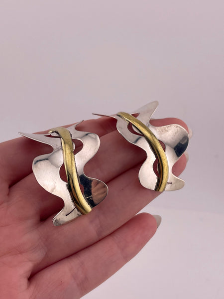 sterling silver & brass Mexican curved wavy squiggle cut-out stoneless post earrings