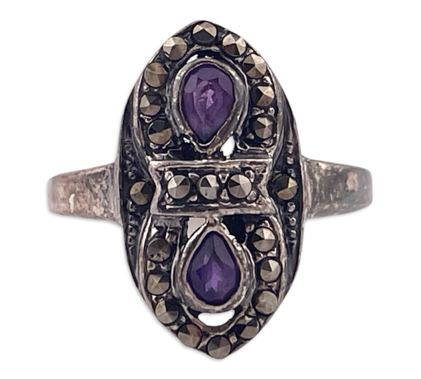 size 7.75 sterling silver faceted amethyst marcasite ring