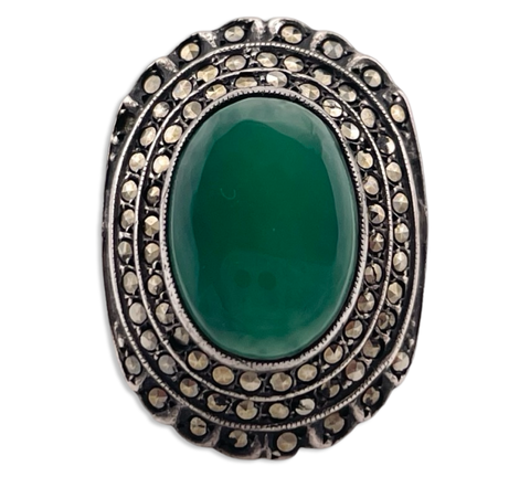 size 6.75 sterling silver Art Deco marcasite & chrysoprase ring **AS IS**