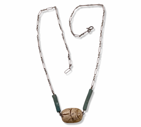 sterling silver carved Egyptian scarab beetle necklace