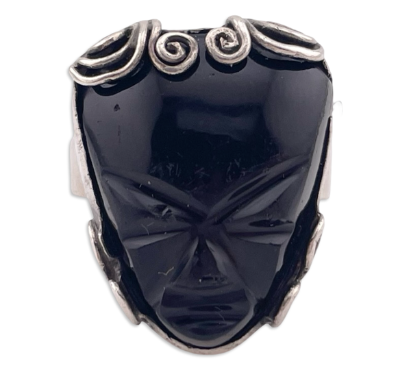 size 5.5 sterling silver onyx carved mask face ring ***AS IS***