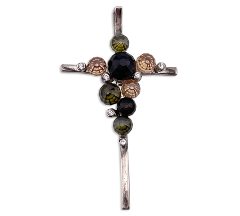 sterling silver rhinestone & colored glass cross pendant
