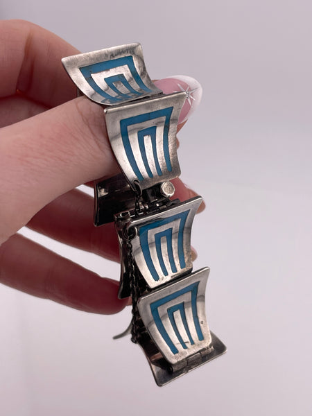 sterling silver 7" block turquoise artisan unique shape panel link bracelet