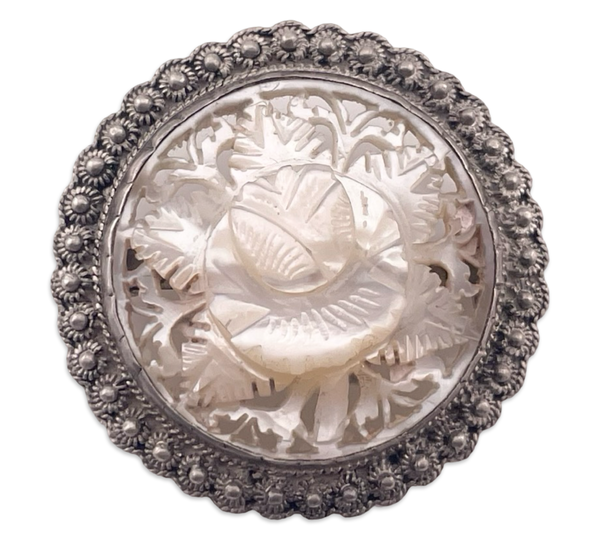sterling silver carved synthetic mother of pearl pendant brooch