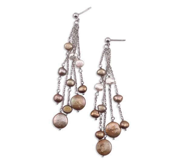 sterling silver 3-1/4" multi-color pearl chandelier post dangle earrings