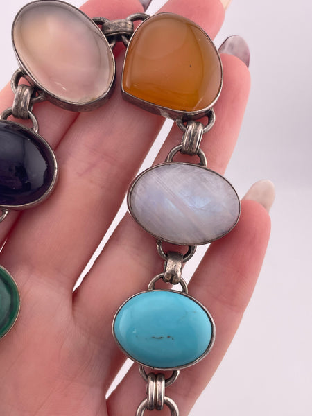 sterling silver 7-1/2" to 9" chunky multi-stone link bracelet