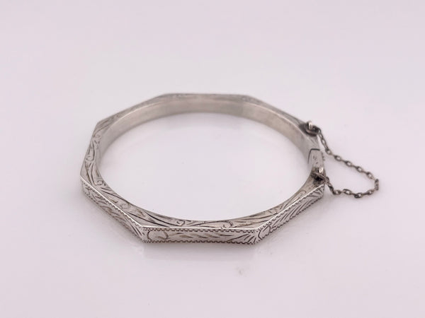 sterling silver 7" etched octagon hinge bangle bracelet
