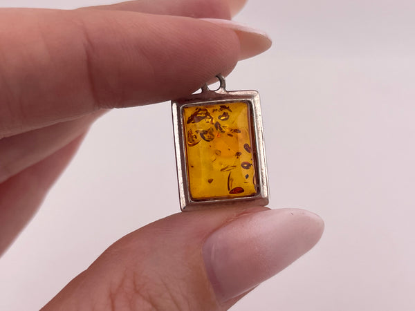sterling silver rectangle synthetic amber pendant