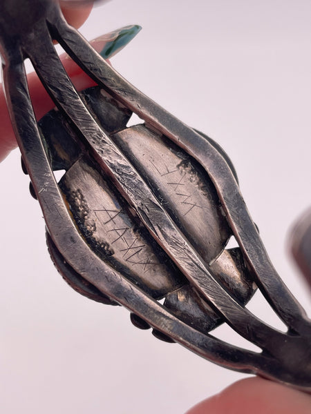 sterling or coin silver Fred Harvey era petrified wood cuff bracelet