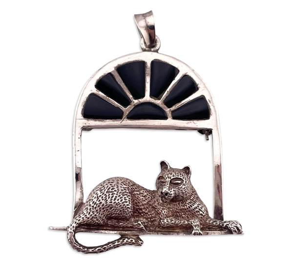 sterling silver cat on window black resin brooch pendant