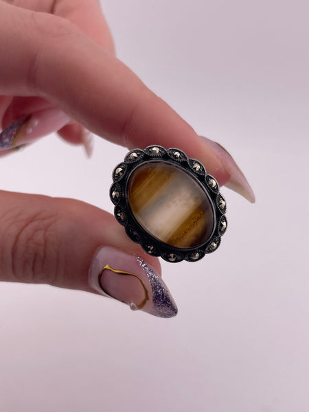 size 6 sterling silver Uncas Art Deco Montana agate marcasite ring