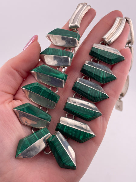 sterling silver Mexican modern 110 gram malachite statement necklace