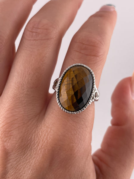 size 8.25 sterling silver & gold plated faceted tiger's eye ring