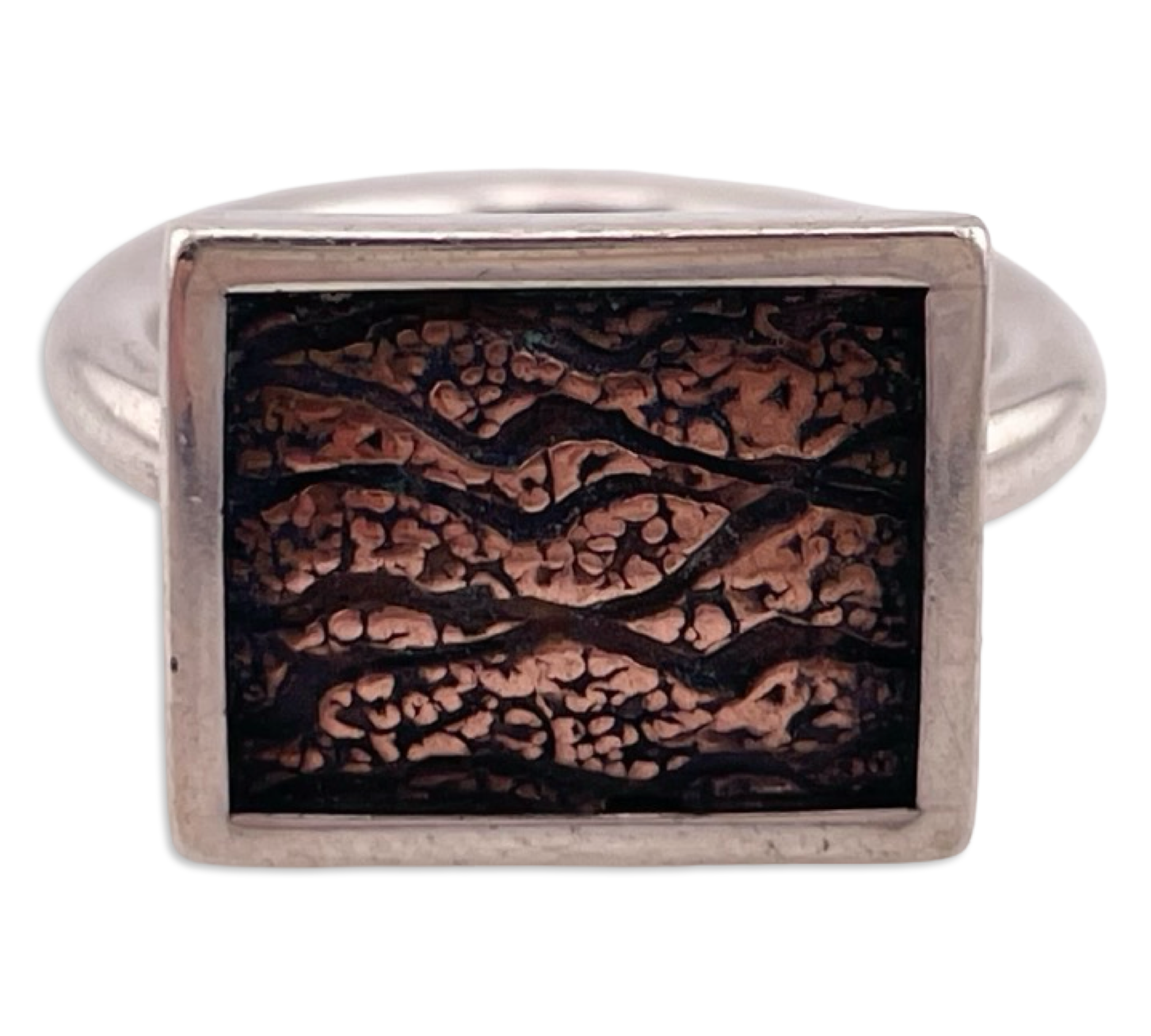 size 6.25 sterling silver & copper textured rectangle ring