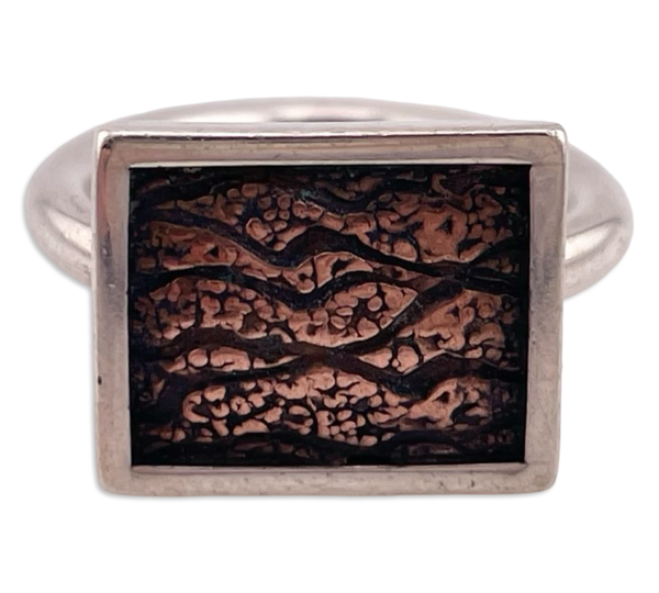size 6.25 sterling silver & copper textured rectangle ring