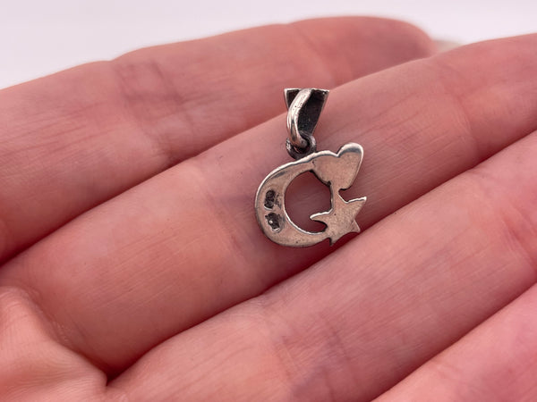 sterling silver small marcasite moon star heart pendant