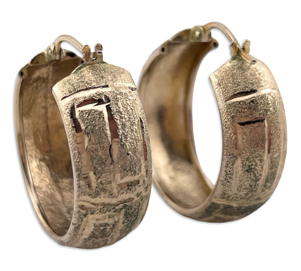 sterling silver 15/16" gold wash Greek Key matte finish etched hoop earrings
