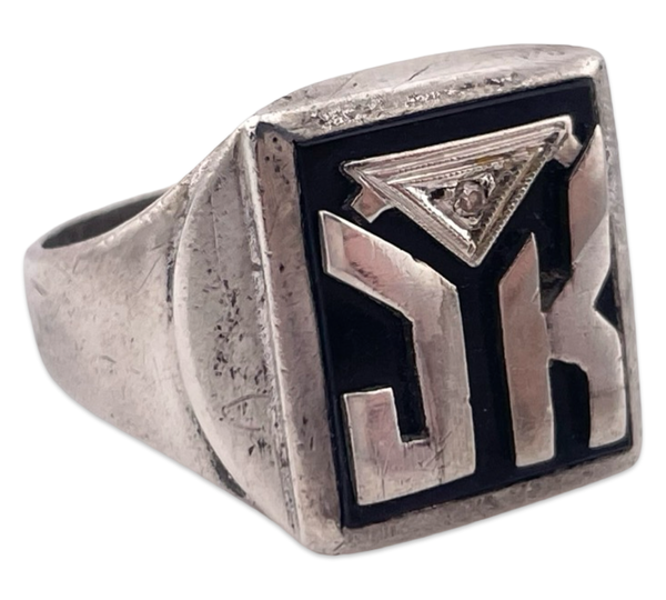 size 9.25 sterling silver "JK" onyx diamond initials ring