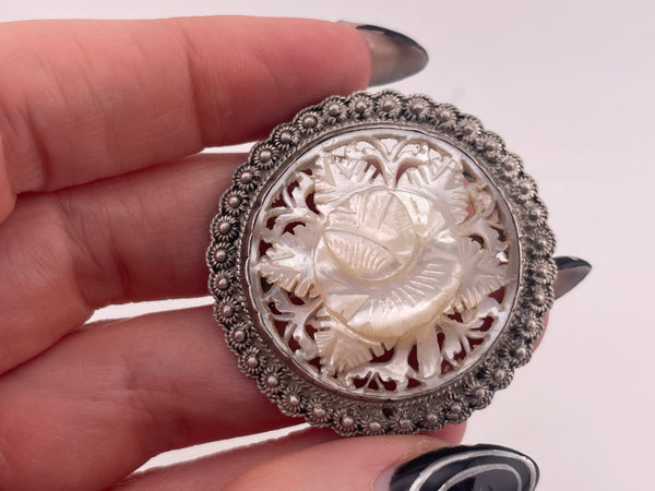 sterling silver carved synthetic mother of pearl pendant brooch