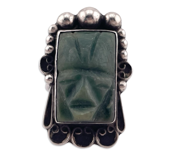 size 6.75 sterling silver carved Mexican jade face ring