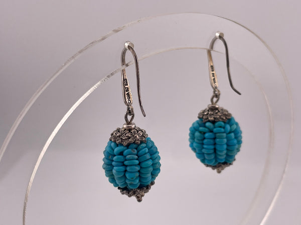 sterling silver beaded stabilized turquoise flower dangle earrings