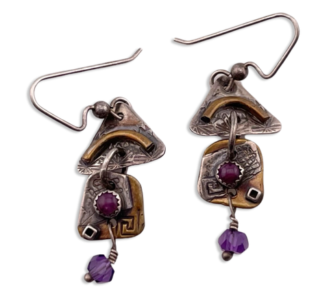 sterling silver & copper funky artisan garnet dangle earrings