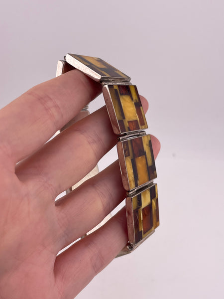 sterling silver amber inlay panel link bracelet **AS IS**